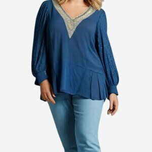 Tunic Top Womens Size Medium Chiffon Swiss Dot Lace Sleeve Crochet V Neck Blue